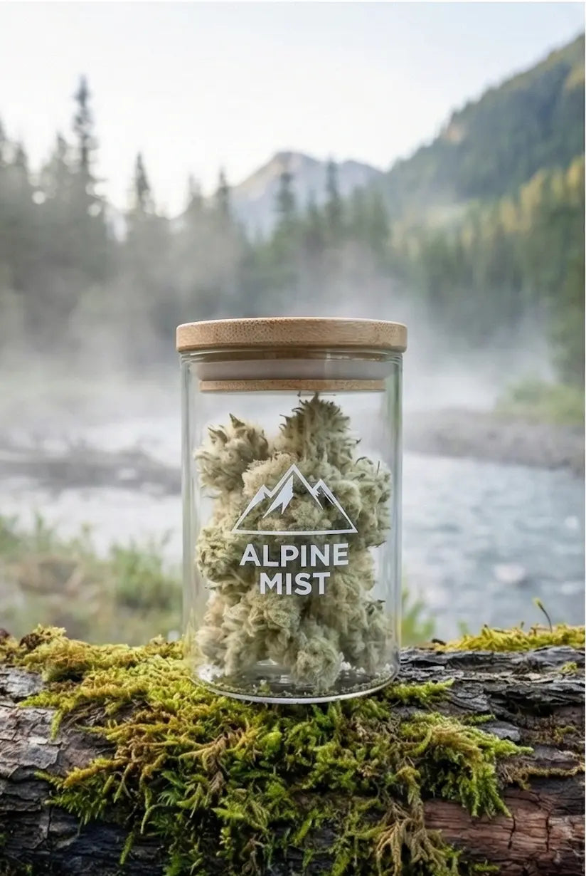 Pot en verre de fleurs de CBD "Alpine Mist" posé sur un tronc moussu au bord d'une rivière, avec une forêt de pins brumeuse en arrière-plan.