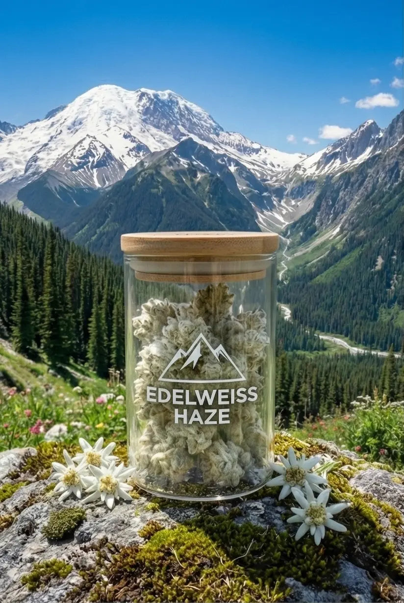 Pot en verre contenant des fleurs de CBD "Edelweiss Haze", posé sur un rocher entouré de fleurs d'Edelweiss avec une grande montagne enneigée en arrière-plan.
