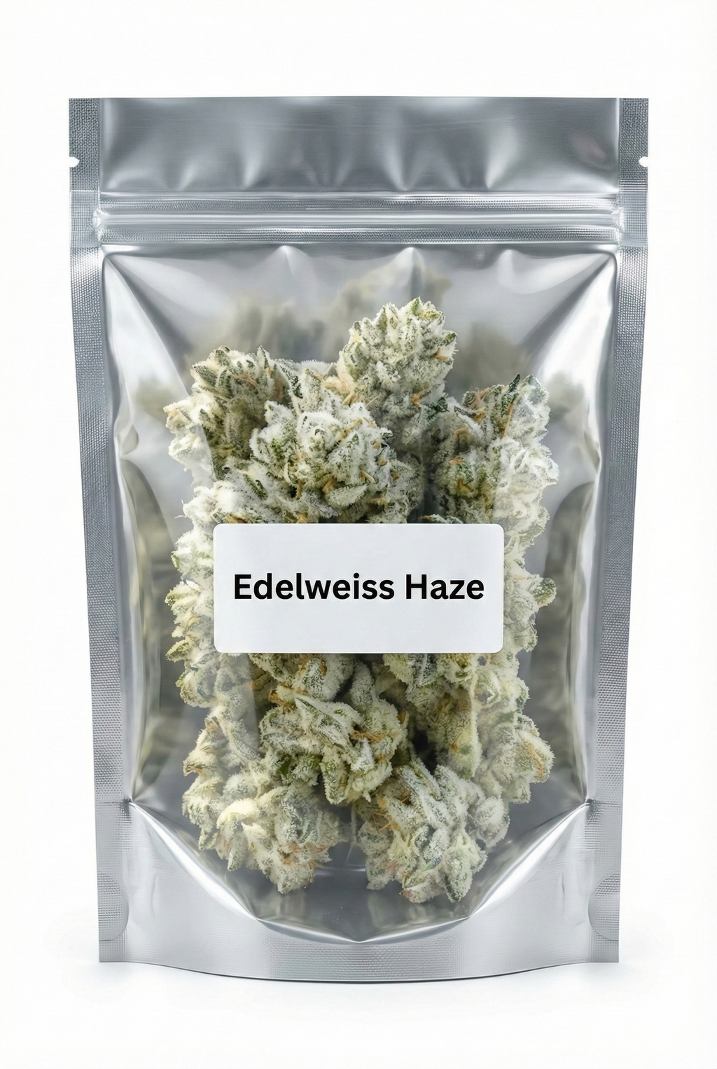 Sachet hermétique contenant des fleurs de CBD de la variété Edelweiss Haze aux têtes givrées et cristallisées.