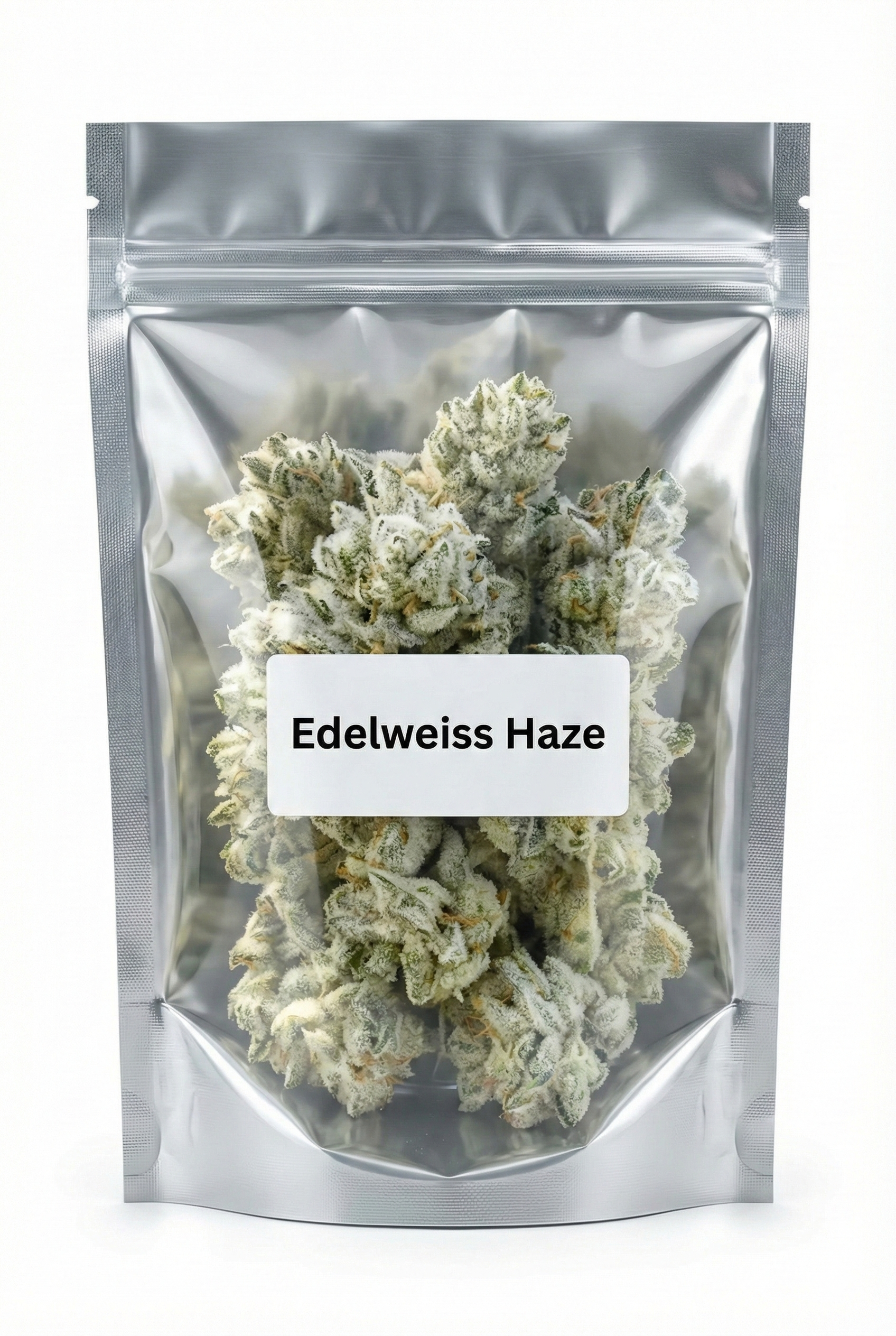 Sachet hermétique contenant des fleurs de CBD de la variété Edelweiss Haze aux têtes givrées et cristallisées.
