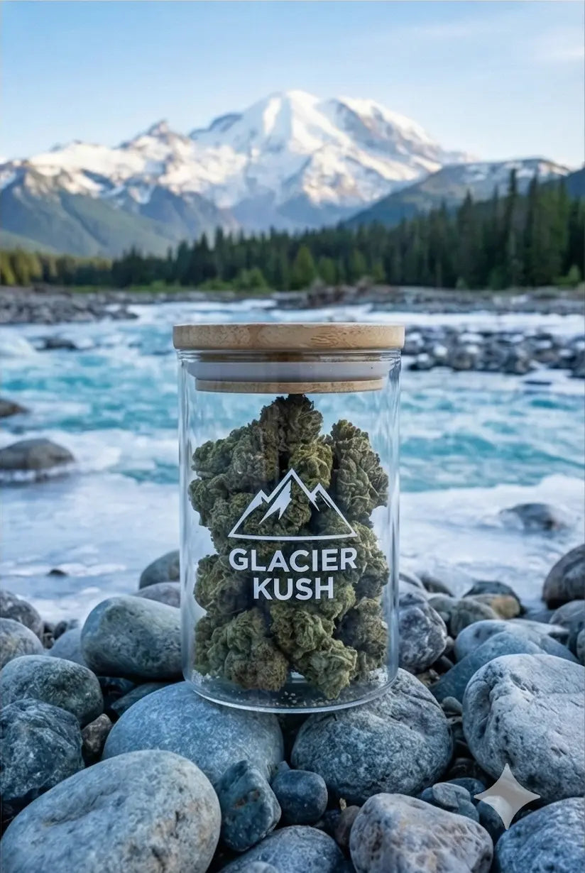 Pot en verre de fleurs de CBD "Glacier Kush" posé sur des galets gris au bord d'une rivière turquoise, avec une forêt de pins et un grand sommet enneigé en fond.