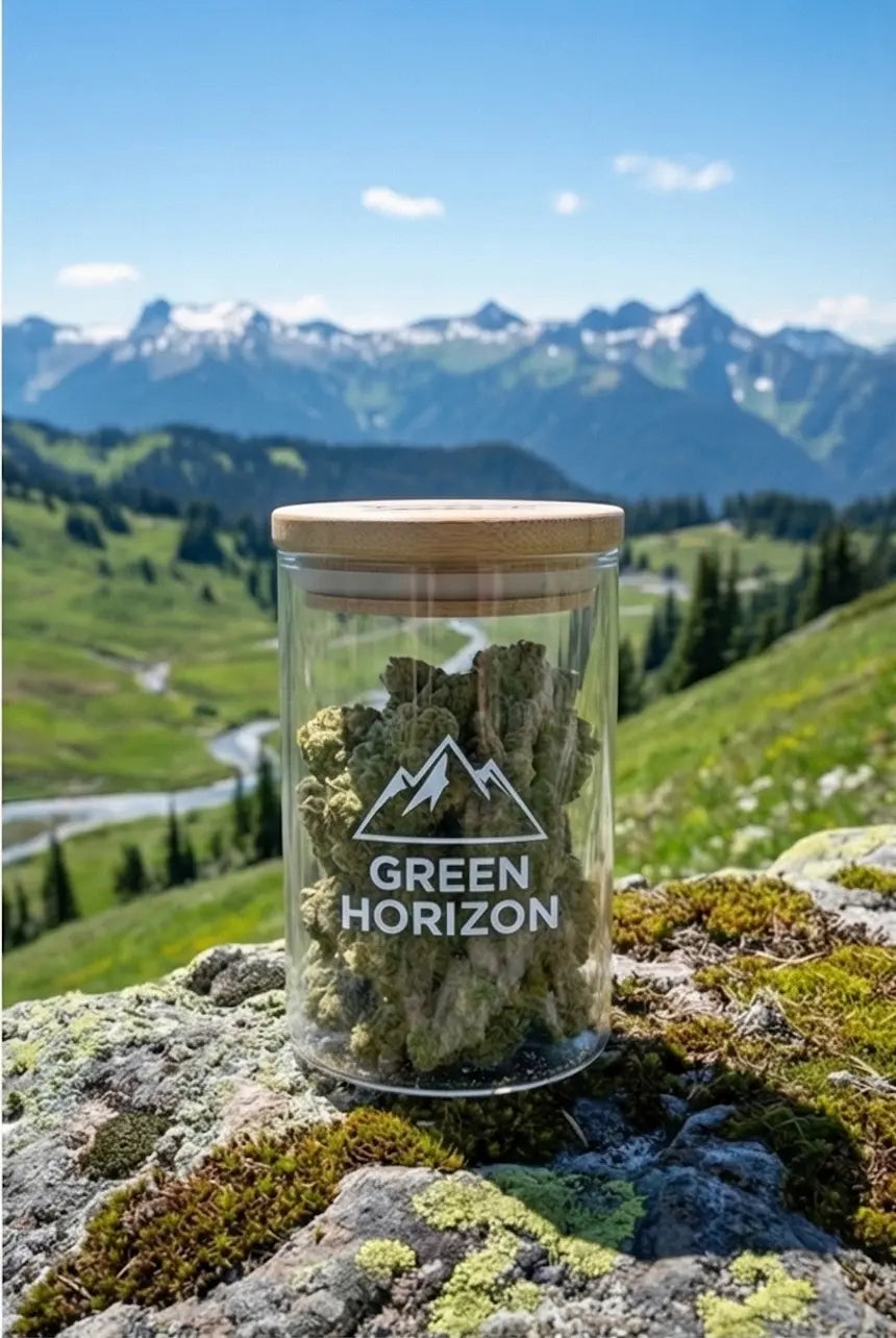 Pot en verre de fleurs de CBD "Green Horizon" posé sur un rocher moussu, surplombant une vallée alpine verdoyante et des montagnes en été.