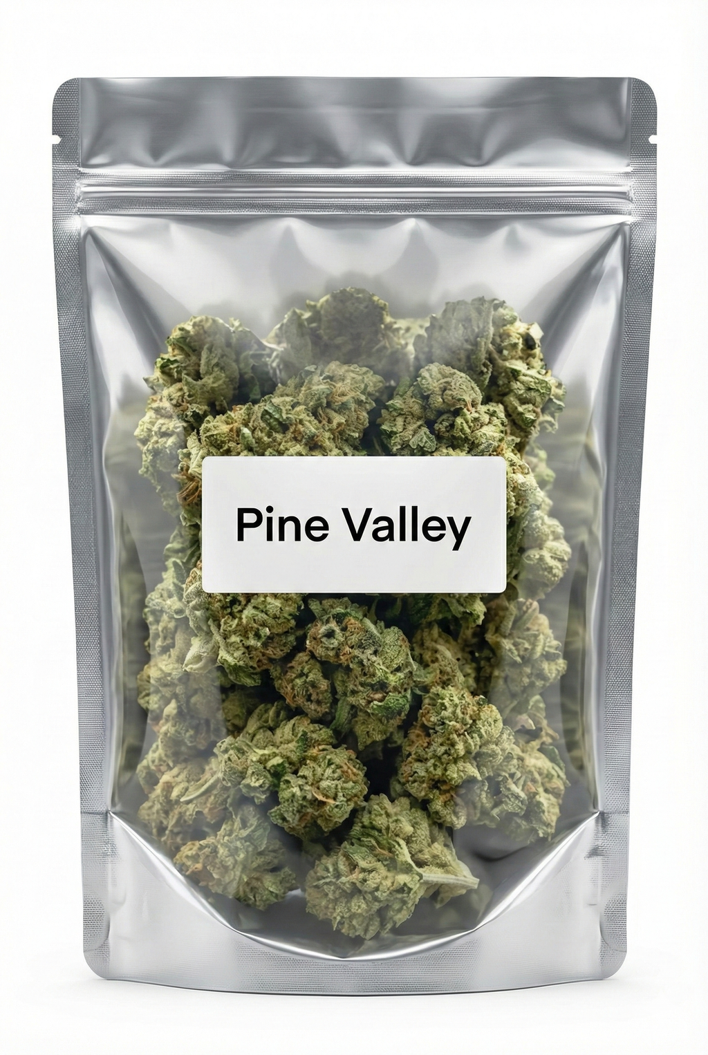 Paquet de fleurs de CBD Pine Valley scellé avec fenêtre transparente laissant voir les têtes vertes.