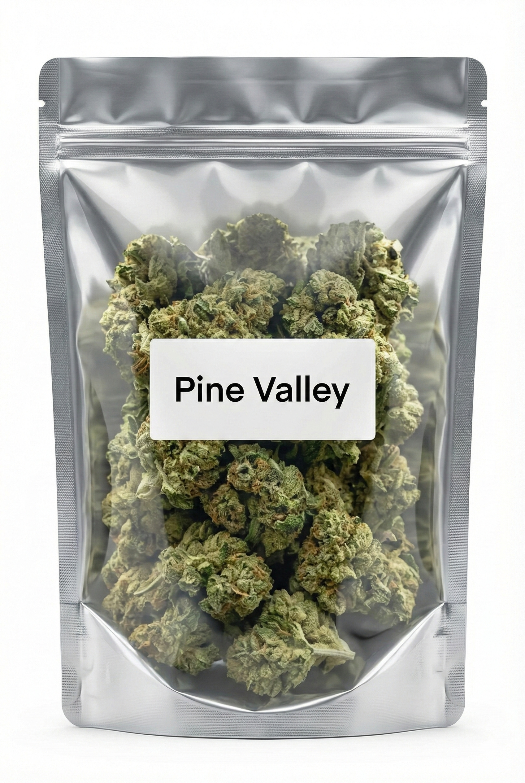 Paquet de fleurs de CBD Pine Valley scellé avec fenêtre transparente laissant voir les têtes vertes.