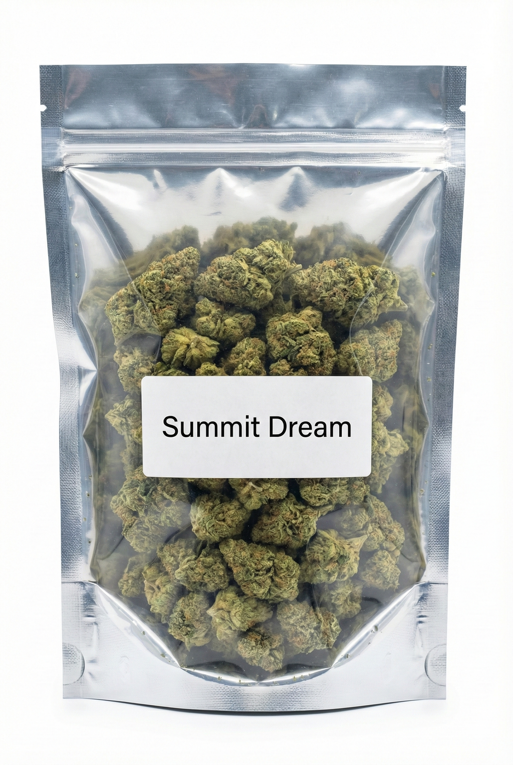 Sachet hermétique de fleurs de CBD Summit Dream avec fenêtre transparente laissant voir la qualité des têtes.