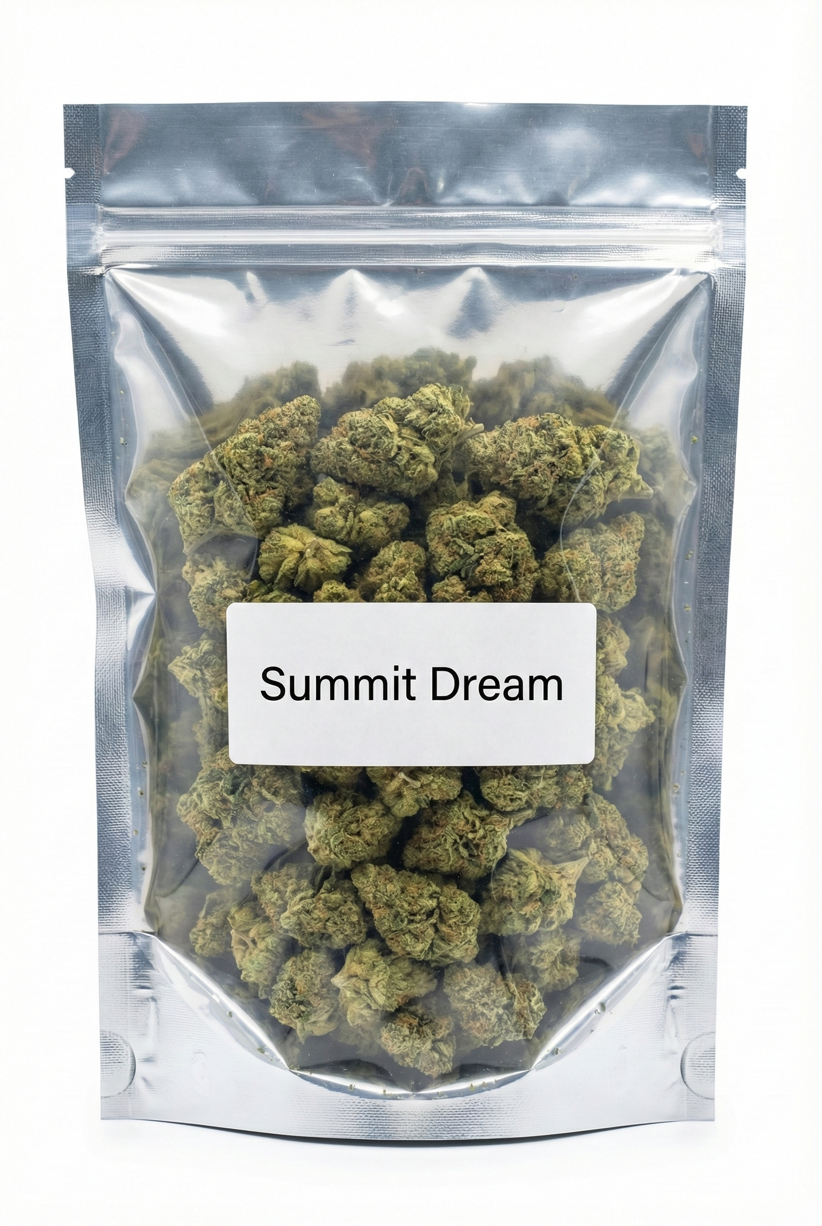 Sachet hermétique de fleurs de CBD Summit Dream avec fenêtre transparente laissant voir la qualité des têtes.