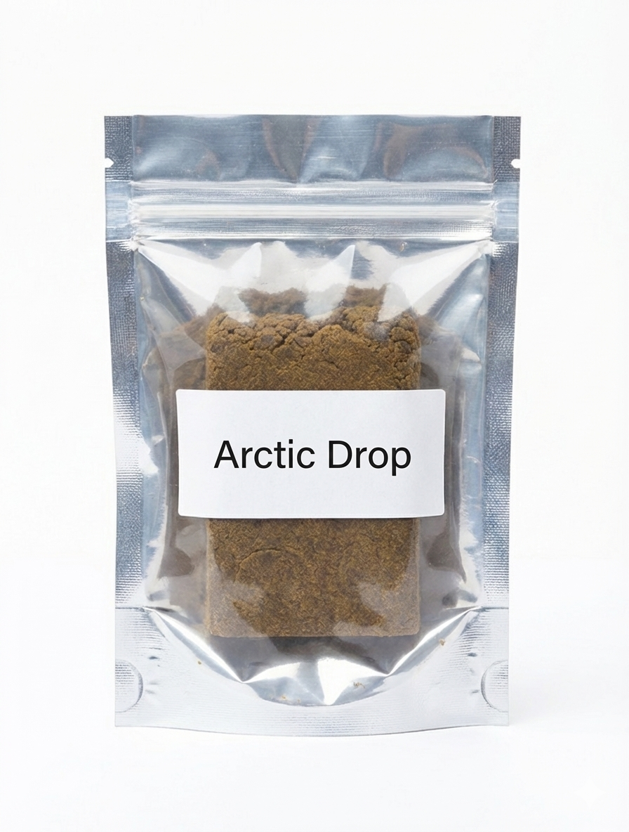 Sachet hermétique scellé contenant une plaquette de résine de CBD Arctic Drop.