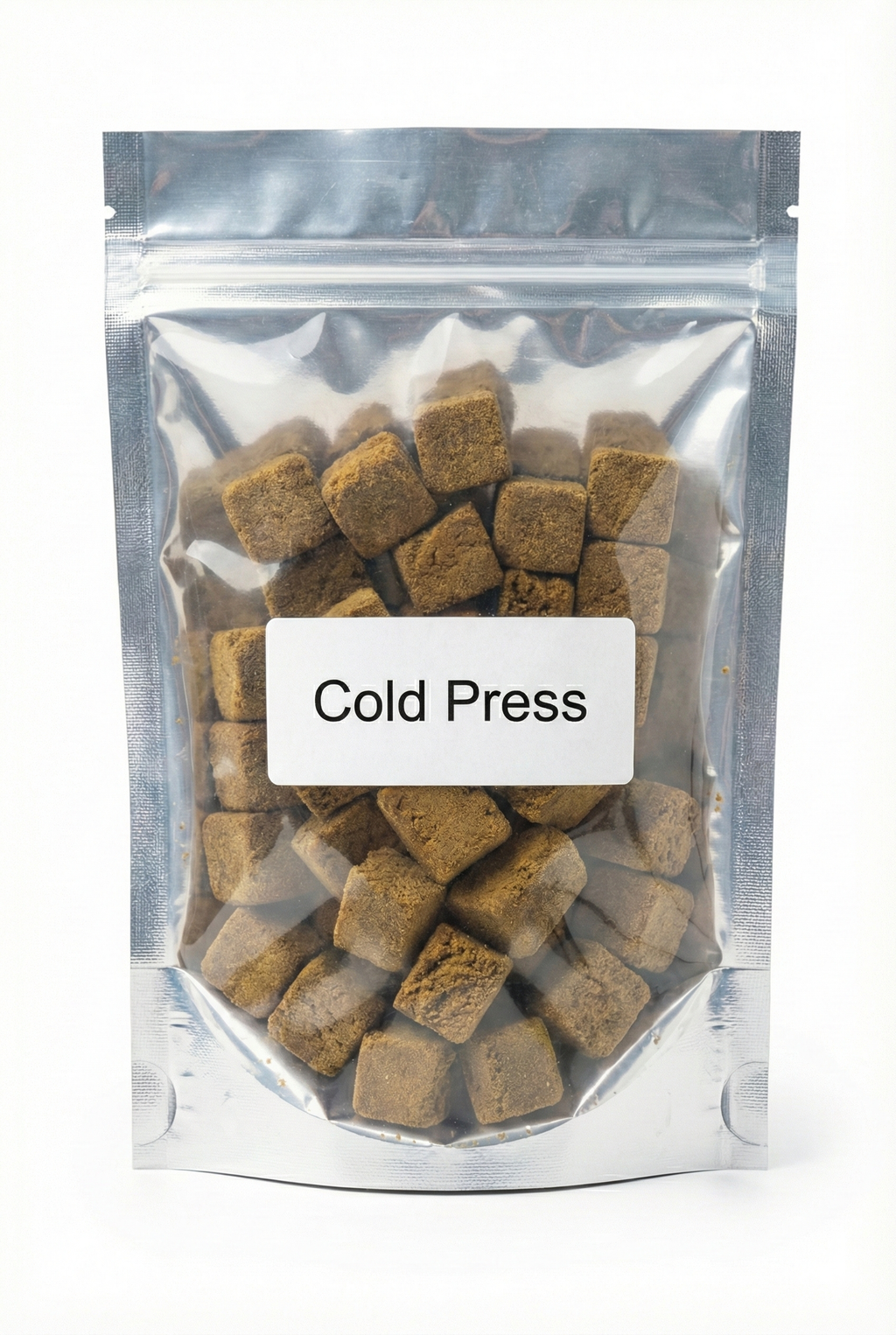 Sachet de résine CBD Cold Press contenant des cubes de pollen compressé.