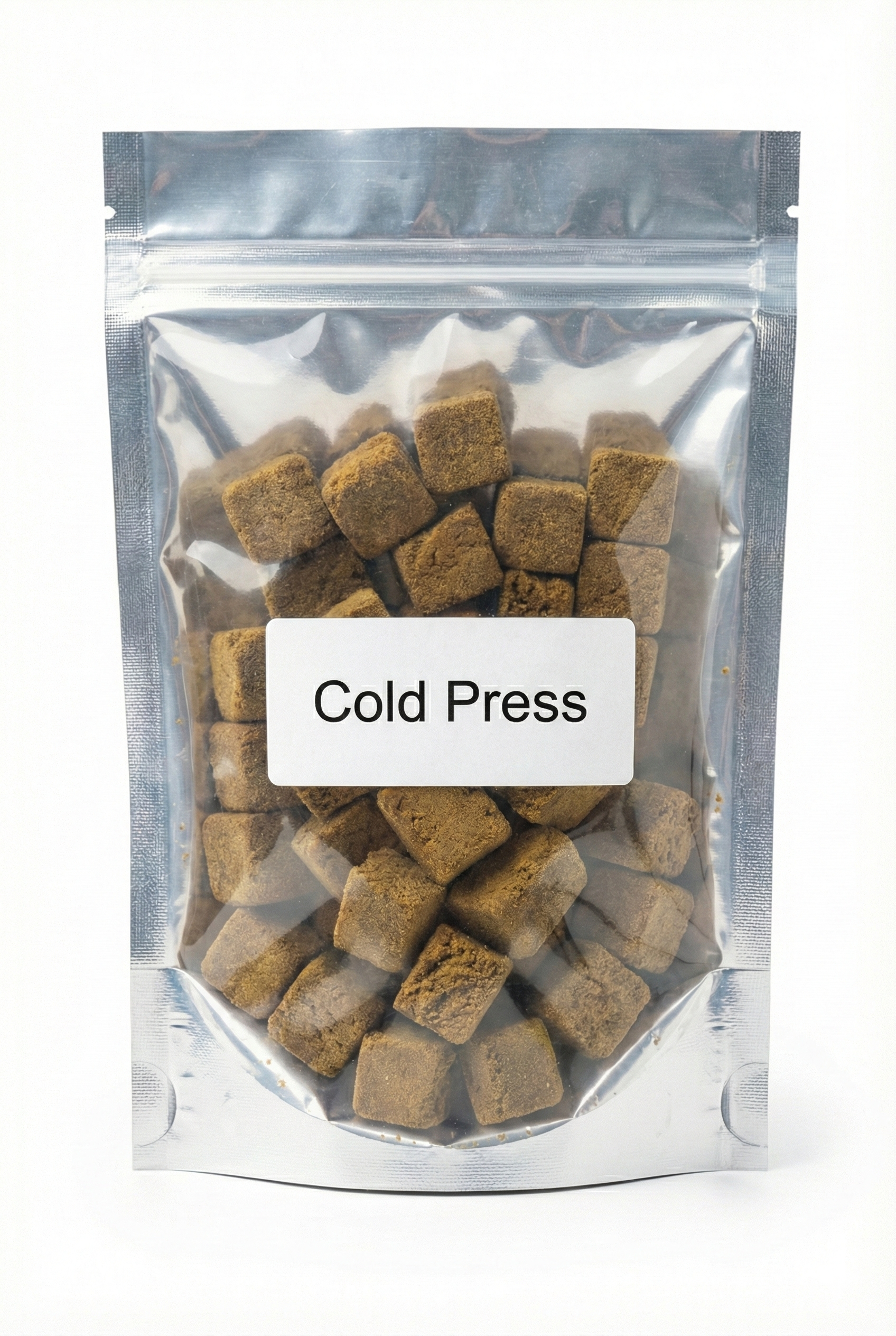 Sachet de résine CBD Cold Press contenant des cubes de pollen compressé.