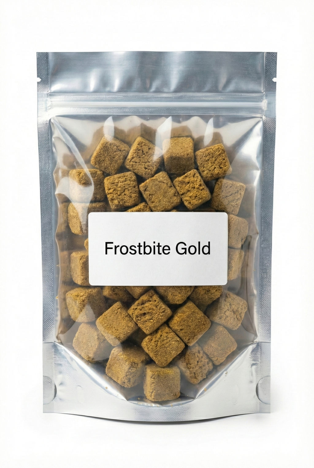 Sachet hermétique contenant de la résine CBD Frostbite Gold présentée sous forme de cubes dorés.