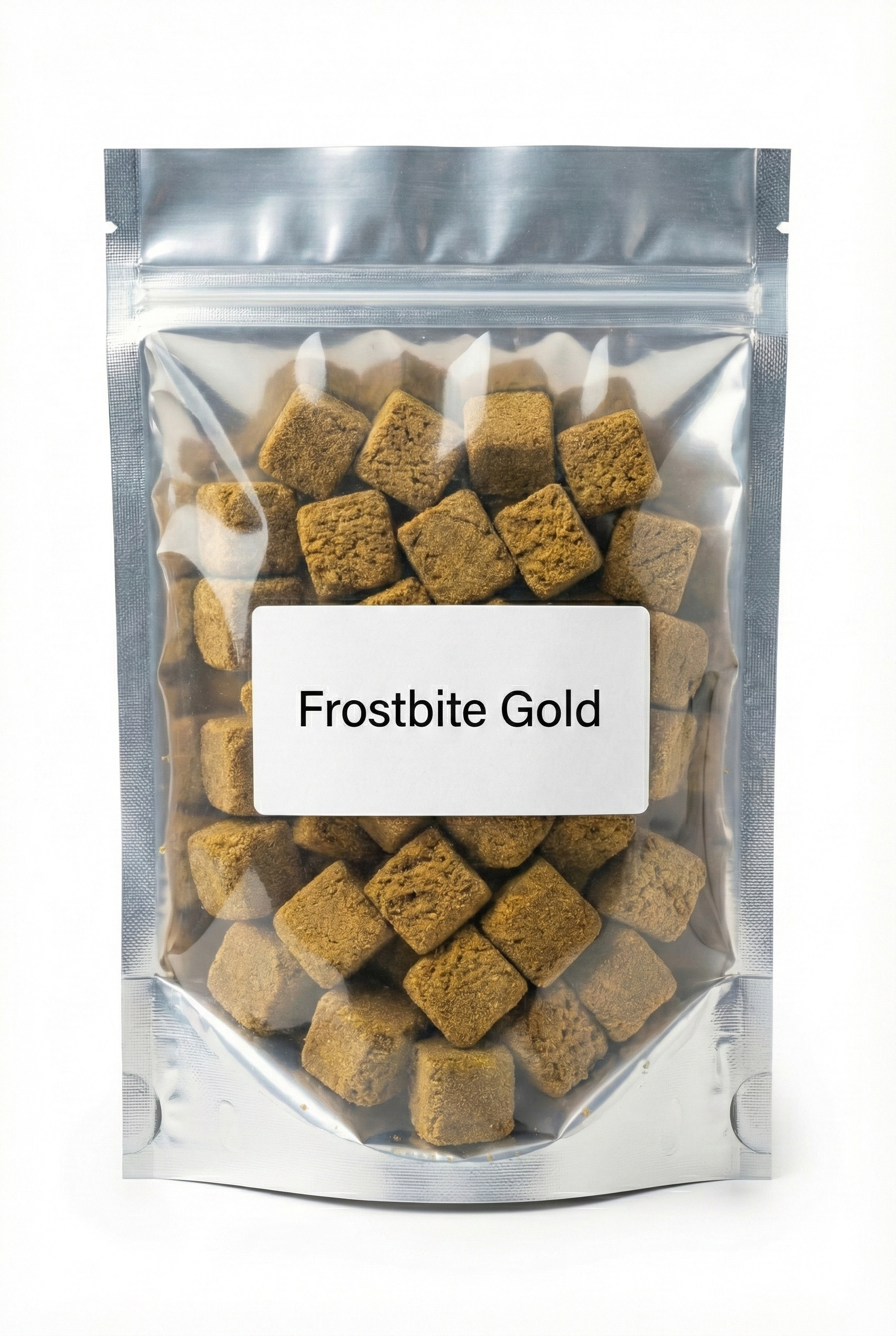 Sachet hermétique contenant de la résine CBD Frostbite Gold présentée sous forme de cubes dorés.