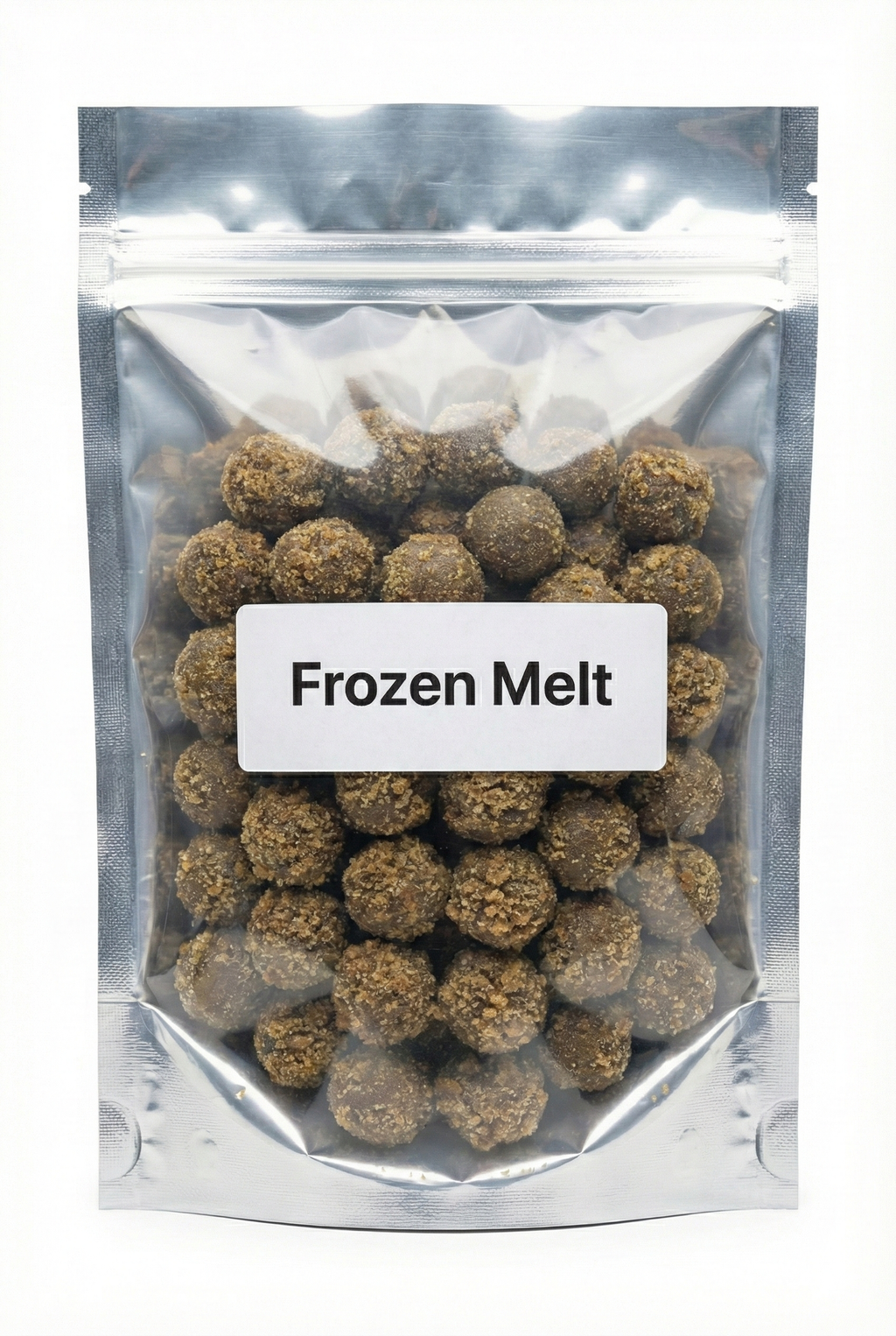 Paquet de résine CBD Frozen Melt contenant des sphères de hash à l'aspect givré.