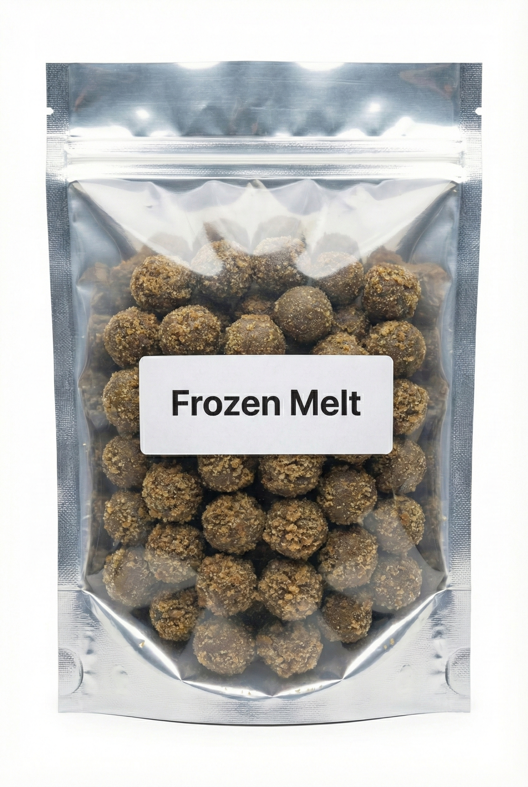 Paquet de résine CBD Frozen Melt contenant des sphères de hash à l'aspect givré.