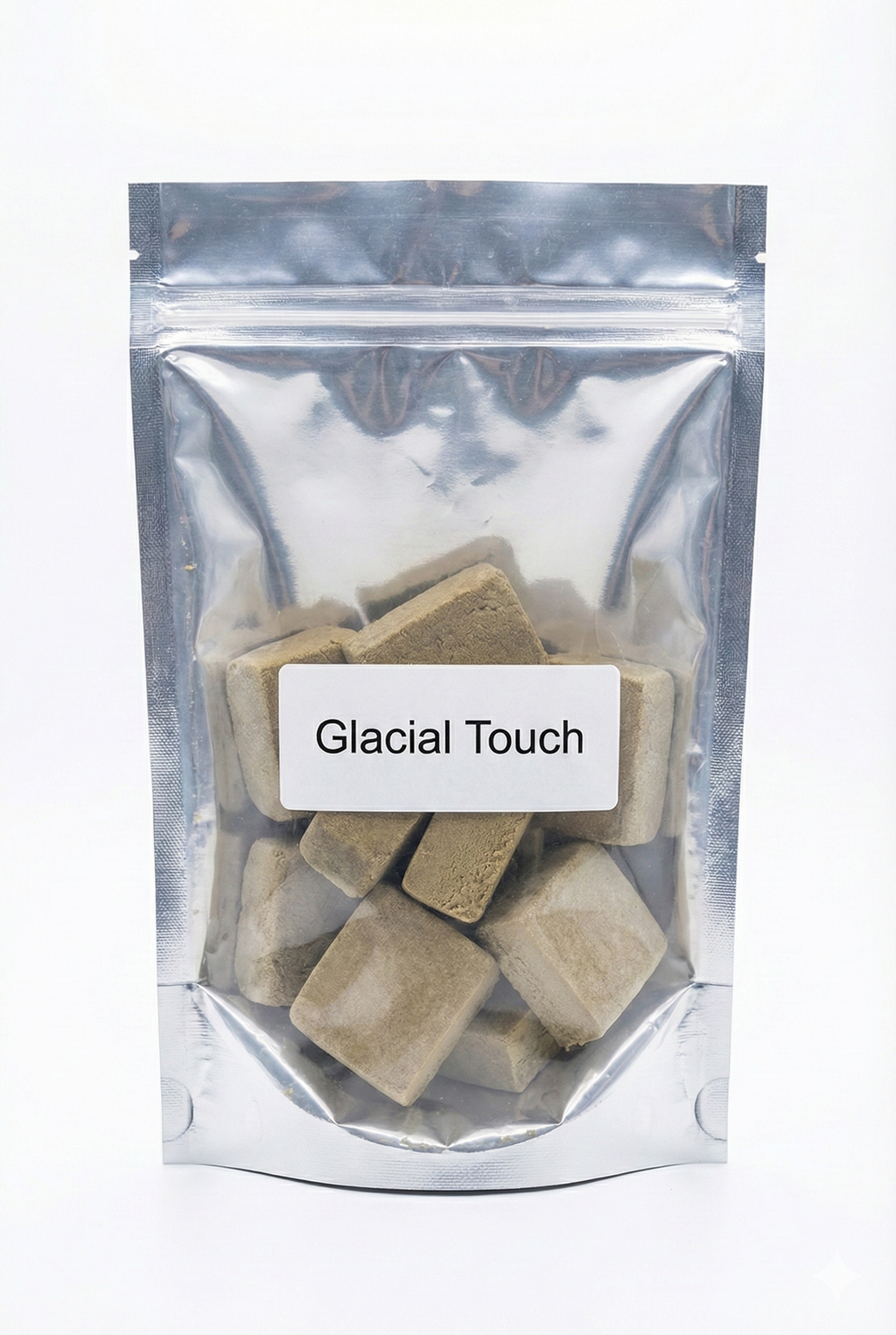Sachet hermétique de résine CBD Glacial Touch contenant des blocs rectangulaires de pollen blond.