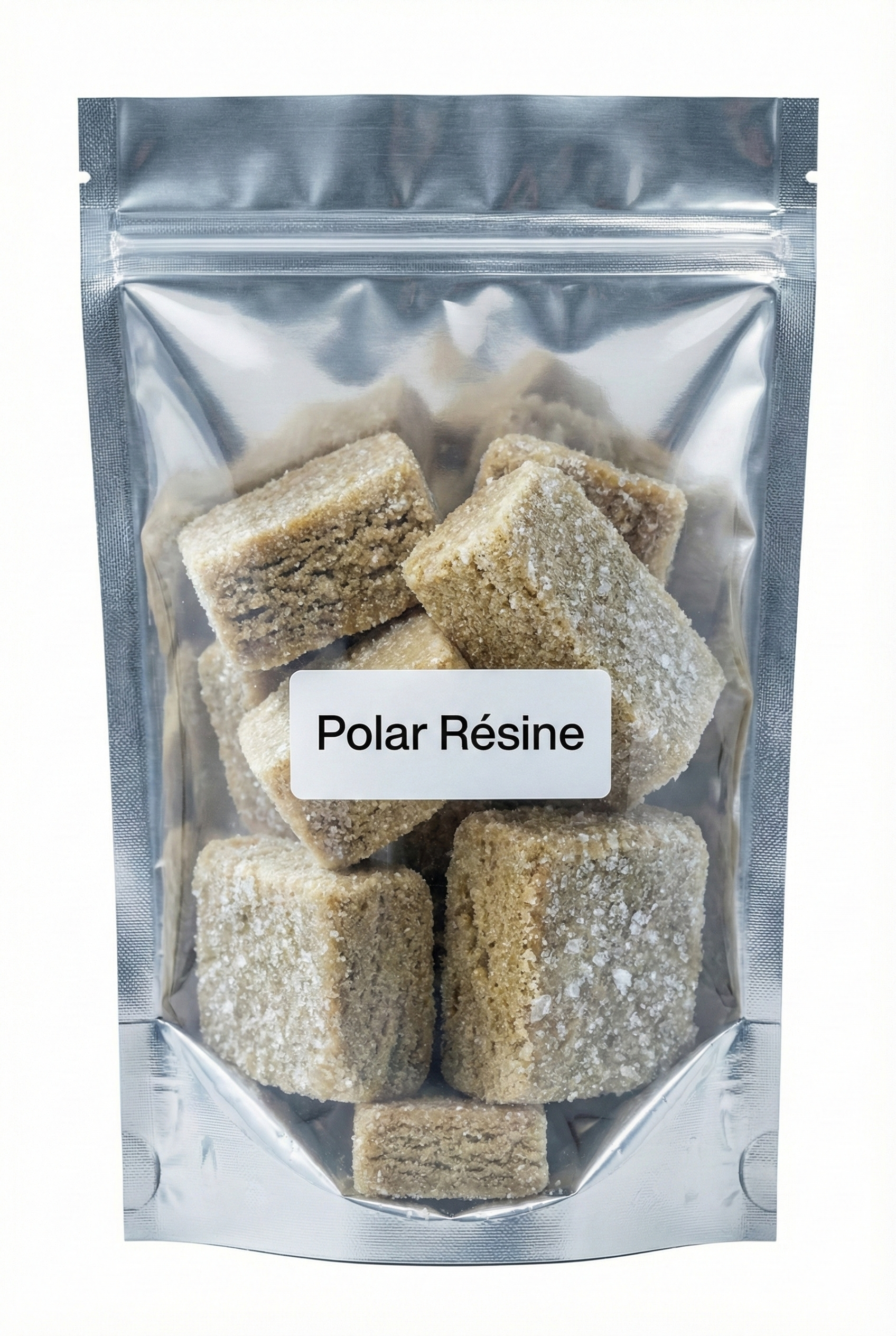 Sachet hermétique de Polar Résine CBD contenant des cubes de hash à l'aspect givré et cristallin.