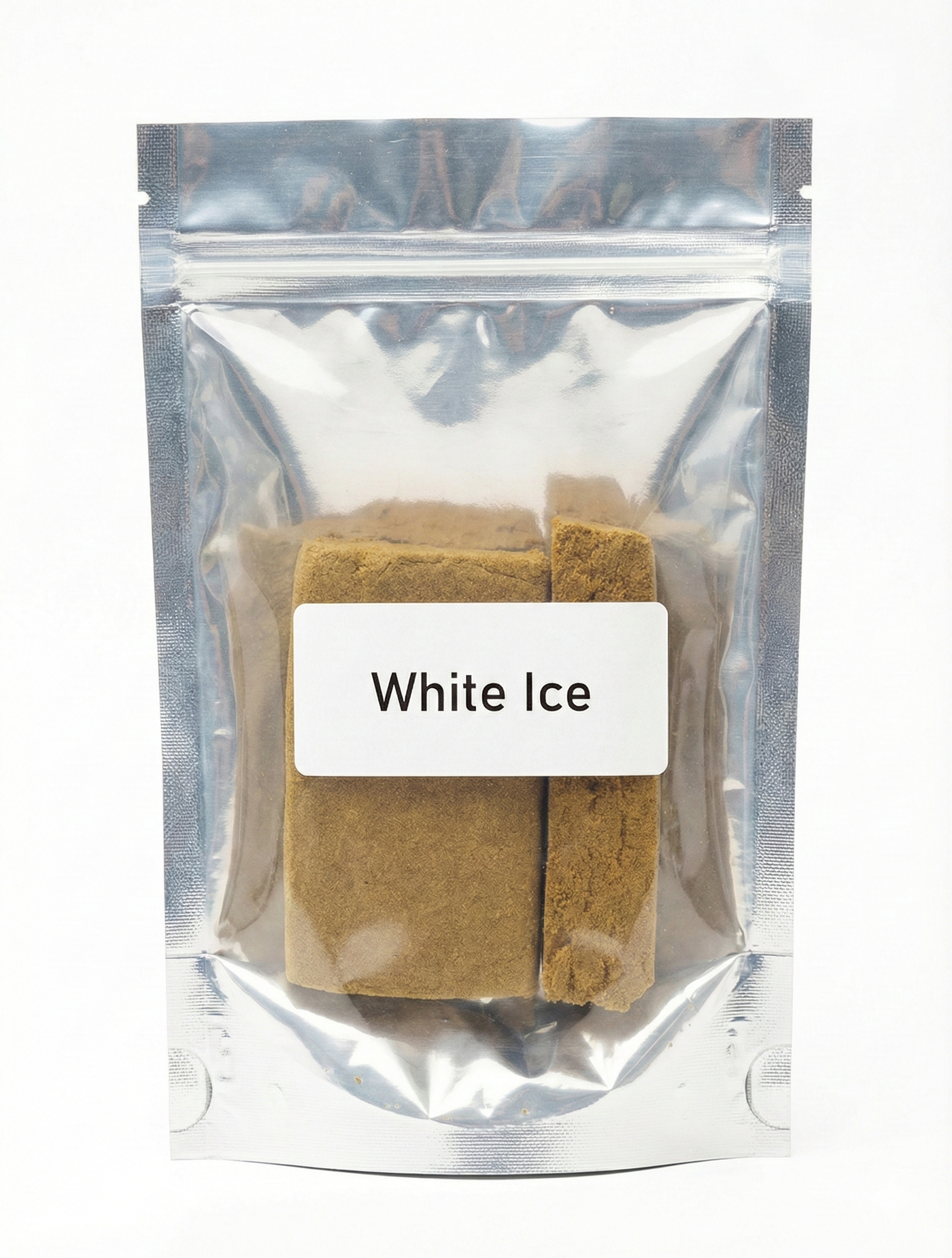 Sachet hermétique contenant des barres de résine CBD White Ice visibles par la fenêtre transparente.